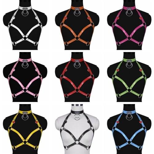 Women Candy Colors Leather Harness Bras Kawaii Accessories Harajuku Girl Body Bondage Halter Neck Tops Goth Sexy Club Party Rave