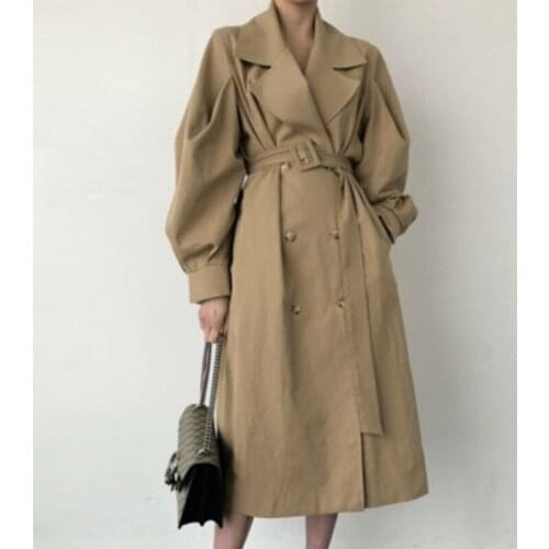 2021 Spring British Vintage Women Khaki Trench Coat Puff Sleeve Suit Collar Elegant Female Windbreaker With Belt Gabardina Mujer