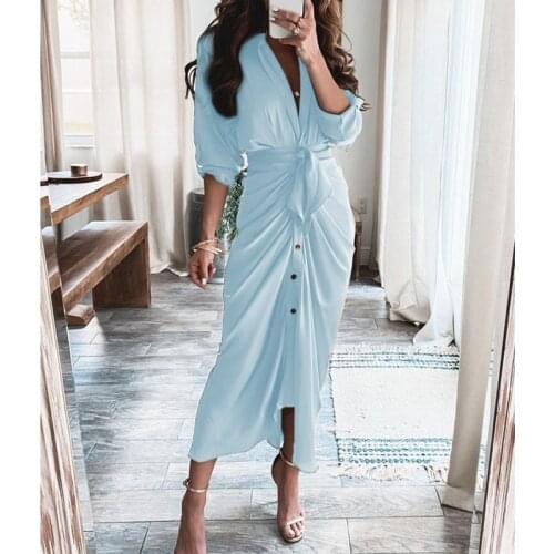 2021 Summer Elegant Satin Shirt Dress Women Button Short Sleeve Tunic Midi Dress Ladies Office V Neck Party Dresses Slit Draped