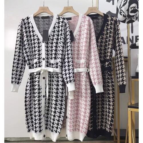 Amolapha Womens Autumn New Knitted Clothing V-Neck Long Sleeve Single Breasted Patchwork Color Plaid Sweater Dress Vestidos