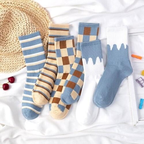 Winter Spring Plaid Stripes Girls Socks Soft Cotton Women Ankle Socks Harajuku Retro Skateboard Sock Sokken