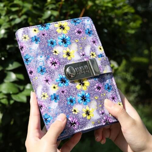 Girl Flower pattern password Binder Notebook with Lock Notepad Agenda Pu Leather Travel Sketchbook Office school Diary Gift