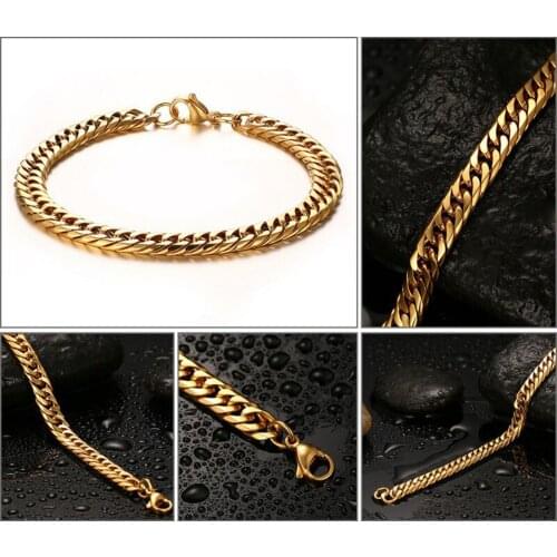 9/11mm Fashion Mens Womens Bracelet Stainless Steel Gold Tone Double Cuban Curb Link Chain Unisexs Jewelry 7-11inch Wholesale