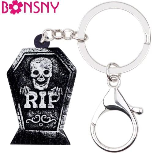 Bonsny Acrylic Halloween Skull Grave Tomb Key Chain Keychain Ring Punk Decoration Jewelry For Women Girl Bag Car Charms Costumes