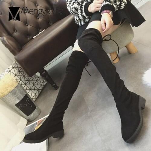 Black over the knee women winter boots long stovepipe slim chunky knight botas lace up bow warm plush anti-skid booties mujer 41