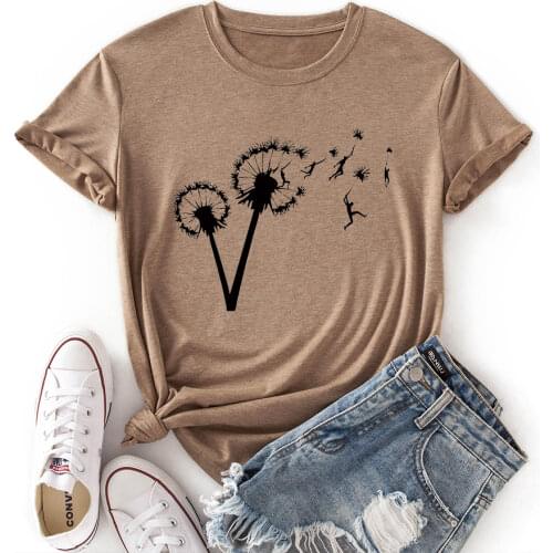 Woman Short Sleeve Colored Graphic Tees Summer T-Shirt Female Tops Shirts for Women Dandelion Wildlife Weed Nature Flower