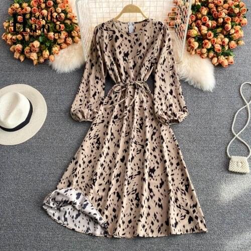 HangCode 2021 Women Spring Dress Vintage Elegant with Belt A-line Dress Leopard Print Puff Sleeve Long Dress Women Vestidos