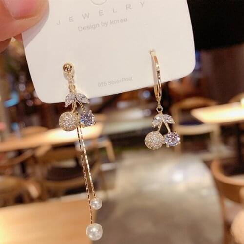 Korean Earrings Fashion Jewelry Asymmetric Cherry Tassel Sweet Crystal Stud Earrings Statement Earrings For Women Wholesale