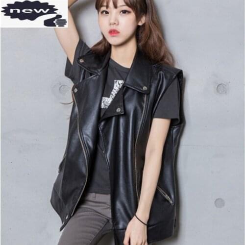 Hot Sale Korea Fashion Loose Fit Vest Colete Feminino Biker Coat Casaco De Couro Faux Leather Jacket Women Waistcoat Black