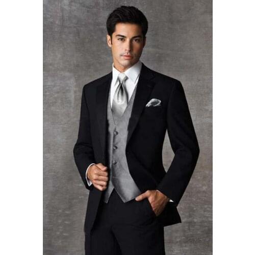 Best Hot Sales High Quality Black Wedding Suits For Men, Black Groom Suit With Silver Vest,Bespoke Men Coat Costume Homme