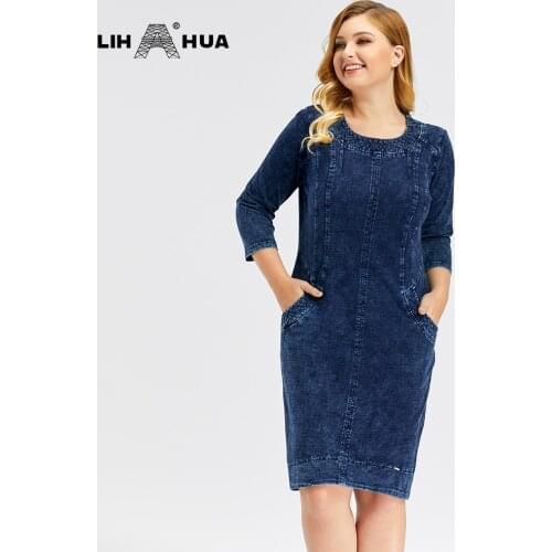 LIH HUA Womens Plus Size Denim Dress high flexibility Slim Fit Dress Casual Dress Shoulder pads for clothing