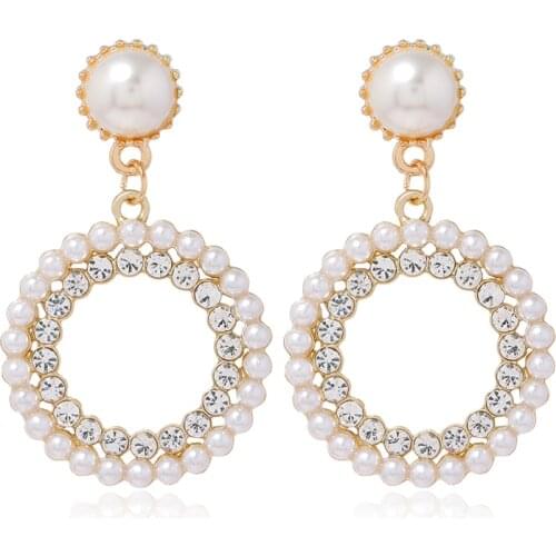 Mayjim Statement Fashion European American fashion metal simple versatile pearl inlaid diamond simple ring Earrings