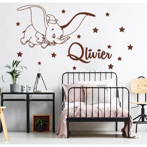 Cute Flying Dumbo With Stars Wall Sticker Custom Any Name Kids Room Decor Cartoon Dumbo Elephant Vinyl Wall Decals Gift AF055