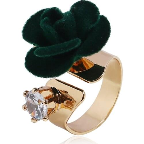 Fashion Deep Green Plush Flowers Adjustable Opening Ring for Women Girls Romantic Finger Ring Party Jewelry