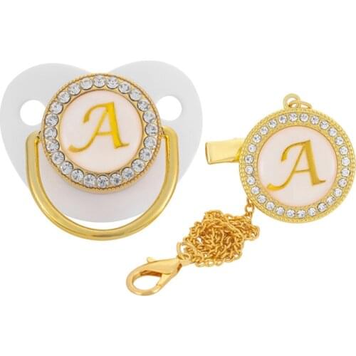 Initial Letter Baby Pacifier and Pacifier Clips Gold Bling BPA Free 26 Letters Name Silicone Infant Nipple Newborn Dummy Soother