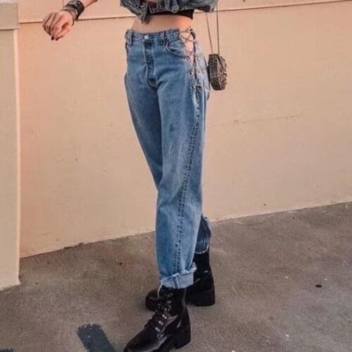 Sexy Full Length Pants High Wiast Patchwork Chains Hit Color Straight Vintage Jeans For Female Clothing Fashion New