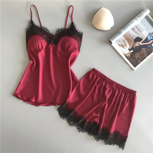 Pajamas Set Women Satin Silk Lace Sleepwear Summer Sexy Lingerie Vest+shorts Babydoll Underwear Nightwear Home Clothe