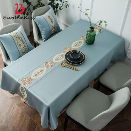 Bubble Kiss Luxury Coffee Table for Living Room Tablecloths Home Decor Blue Embroidered Flowers Dinning Table Cloth Rectangular