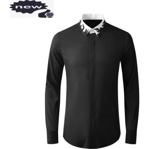 Spring Autumn Mens High Quality Slim Fit Dress Shirt Classic Black White Tops Office Work Man Embroidery Collar Formal Shirts