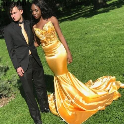 Sexy Gold Mermaid African Prom Dresses Sweetheart Beaded Satin Long Formal Dress Plus Size Black Girls Graduation Gowns Cheap