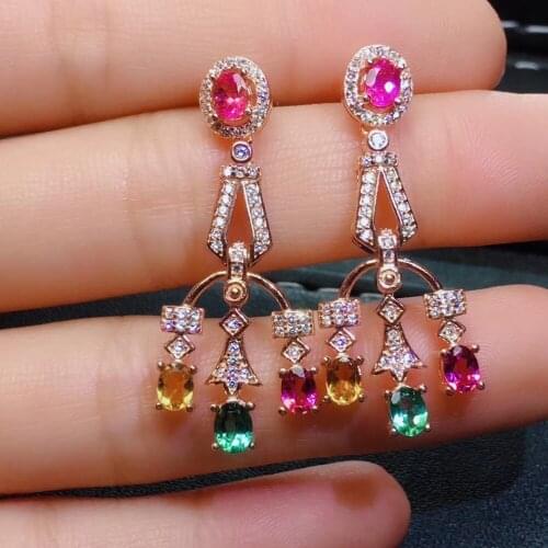 Ancient big Tassels natural Multicolor tourmaline drop earrings Natural gemstone earrings 925 silver women party gift jewelry