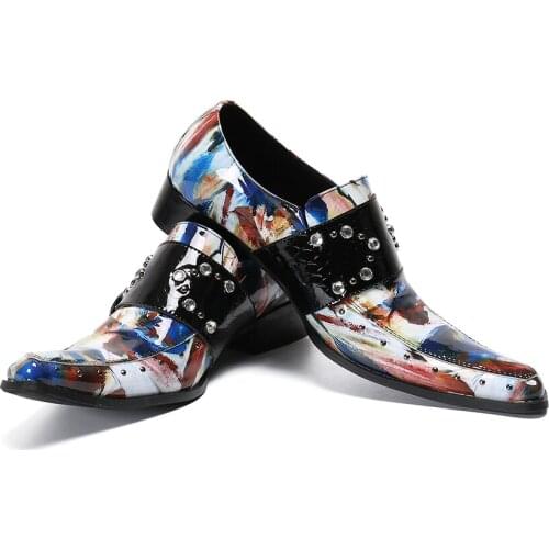 Fashion Handmade Men Party Shoes Colorful Print Genuine Leather Formal Shoes Men Rivets Monk Strap Dress Shoes Buckle Oxfords
