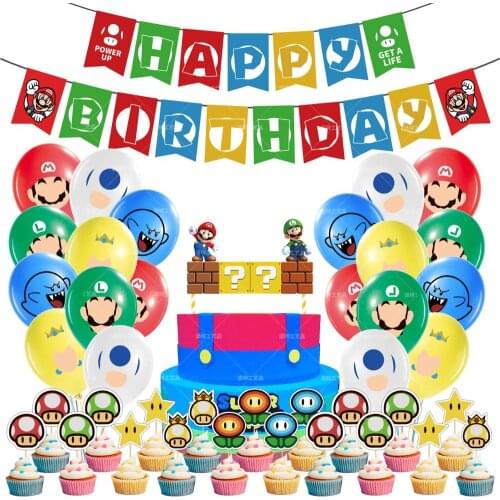 47Pcs 43Pcs Super Mario Balloons Set Happy Birthday Banner Latex Balloons Mario Luigi Cake Toppers For Kids Birthday Party Decor