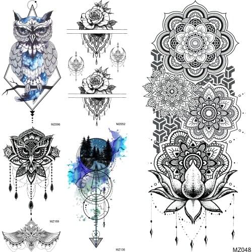 Fake Jewelry Temporary Tattoos Waterproof Black Mandala Flower Tattoos Sticker 3D Geometric Owl Anchor Tatoos For Women Body Art