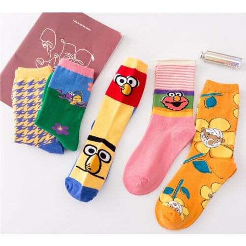 Women Socks For Girls Sesame Street Cartoon Socks Cotton Elmo Cookie Monster Ladies Socks Funny Happy Cute Kawaii Socks