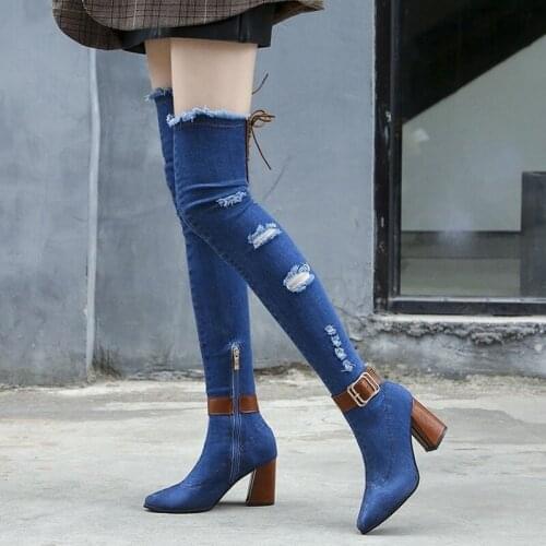 Winter Women Boots Gladiator Elastic Denim Band High Heels Thigh High Platform Pointed Toe Zipper Ladies Shoes Zapatos De Mujer