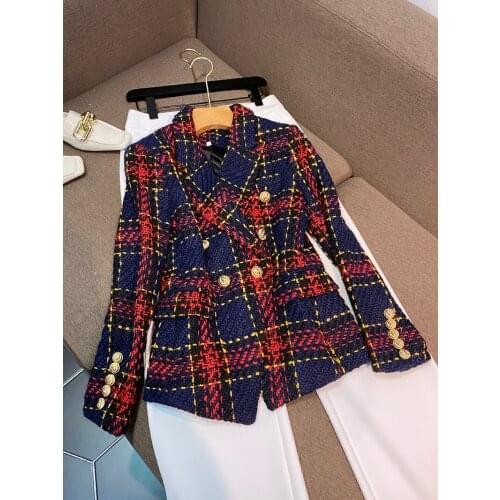 Fall / Winter 2021 Nova Lion Buckle Double Breasted Line Plaid Tweed Slim Fit High Quality Blazer O194