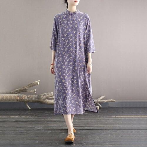 QPFJQD Ladies Cotton Stand Collar Seven Sleeve Cheongsam Spring Autumn Women Chinese Style Retro Print Floral Dress A-Line