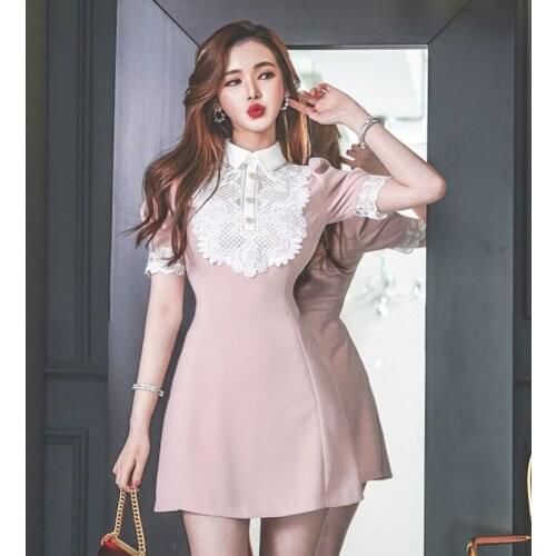 New arrival fashion party dress women elegant summer vintage puff sleeve lace pearl buttons temperament sweet pink a-line dress