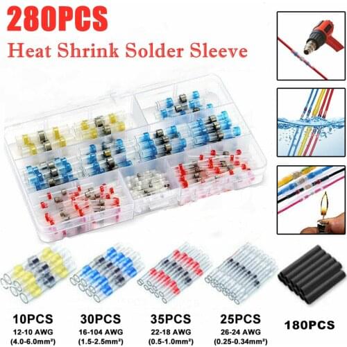 280PCS) 100PCS Solder Seal Sleeve Wire Connectors Waterproof Heat Shrink Fast Butt Terminals & 180PCS Black Shrinking Tube