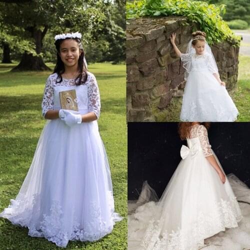 White First Communion Dress for Girls Half Sleeve Flower Girl Dresses Lace Holy Party Birthday Gown