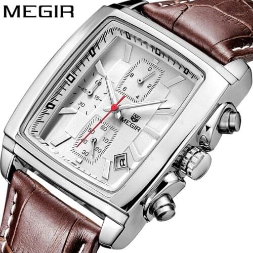 MEGIR Mens Watch relogio Multifunction Luminous Sports Watches Leather Strap Rectangular Dial Mens Watch montre homme Clock