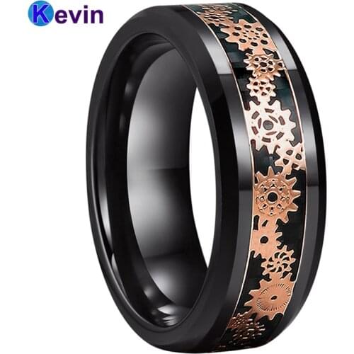 8MM Gear Ring Mens Womens Black Tungsten Wedding Band Ring With Rose Gold Gear wheel Black Carbon Fiber Inlay