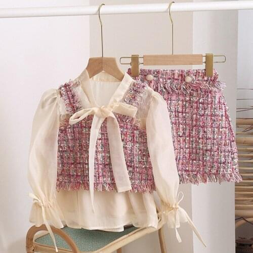 Spring Autumn Girls 2 Pcs Set Baby Crop Vest + Skirt Kids Suits Children Brand Clothes Fashion Gunny Pearl Tassel 2 To 7 Yrs