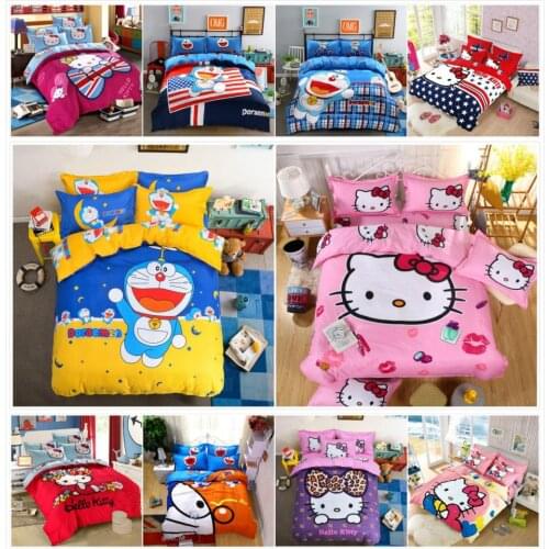 Bedding Set Cartoon Hello Kit cat Doraemon 4pcs/3pcs Duvet Cover Sets Soft Polyester Bed Linen Flat Bed Sheet Set Pillowcase