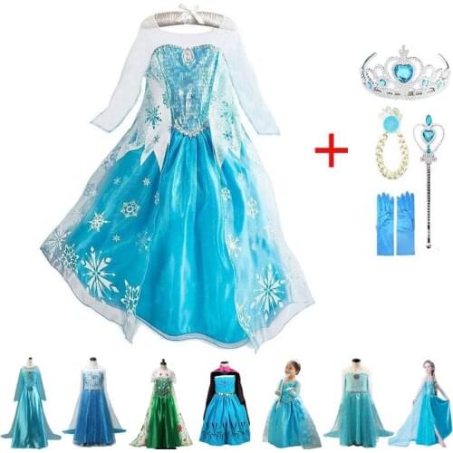 Girls Princess Elsa Dress Snow Queen Elza Costumes Anna Elza Cosplay Dresses for Kids Halloween Party Vestidos Accessories Set