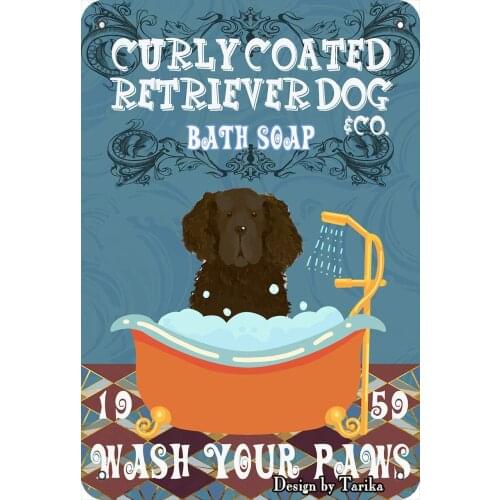 Curly Coated Retriever Dog Bath Soap Wash Your Paws Vintage Plaque Poster Tin Sign Wall Decor Hanging Metal Decoration