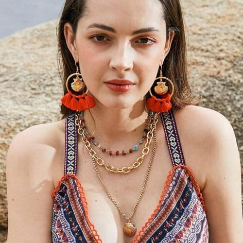 Fashion Women Earrings + Necklace Set Cotton Thread Tassel Shell Drop Dangle Earrings Multi Layers Natural Stone Chain Necklace