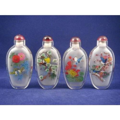 SET OF 4 CHINESE INSIDE REVERSE HAND PAINTED BIRDS & FLOWERS SNUFF BOTTLES