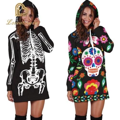 Newest Autumn Print Halloween Skull Theme Pullover Hoodies for Women/men Causal Loose Plus Size Sweatshirts Femme Hooded Dresses