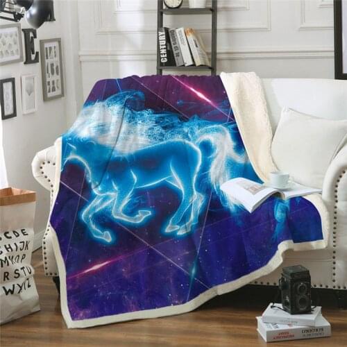 New 3D unicorn in microfiber bed covered with Galaxy star cover and plaid cloth covered with live child print blanket