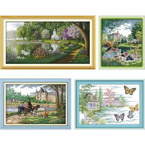 Lakeside Scenery Series DIY Printed Pattern 11CT 14CT Counted Cross Stitch Kit DMC on Canvas Chinese Embroidery Set Decorations