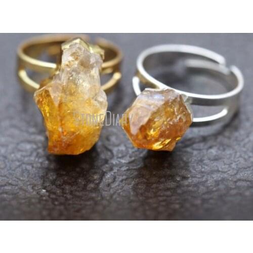 RM8926 10Pcs Pure Gold Color Sliver Plated Irregular Surface Free Form Ring Citrines Raw Ore Ring Adjustable