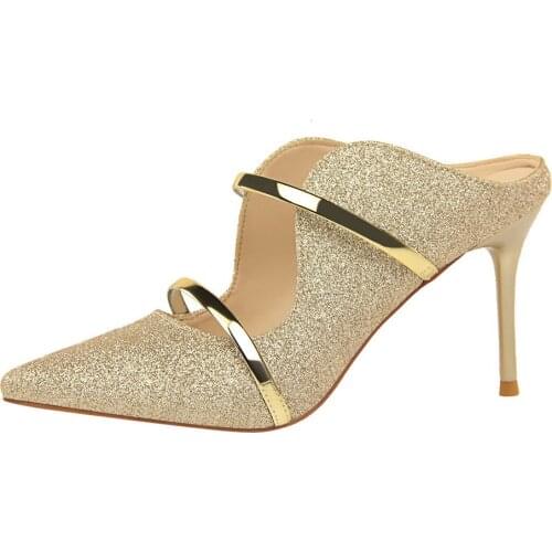 Fashion Sexy sandals Nightclub Womens shoes 9 cm Fine with High heel Sequin cloth Word Band summer cool slippers sandals women