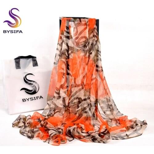 [BYSIFA] Spring Autumn Coffee Striped Silk Scarf Women Fashion Brand Orange Roses Long Silk Scarf New Style Ultra Thin Scarves