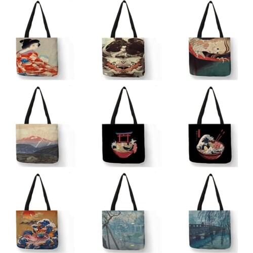Retro Japanese Scenery Ukiyoe Wave Kabuki Print Women Ladies Tote Bag Large Shopping Bags for Boutique Groceries Outdoor Beach
